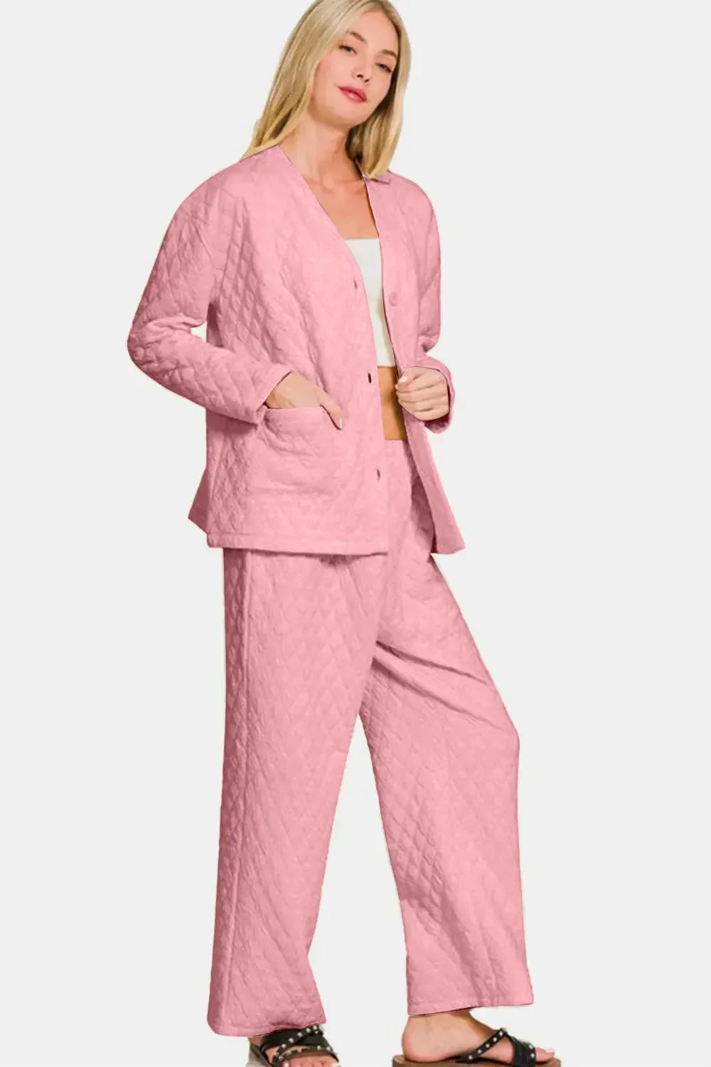 Zenana Quilted Button Up Long Sleeve Top and Pants Lounge Set - Plush Fashion Hub