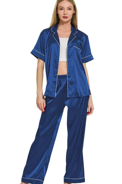 Zenana Satin Short Sleeve Top and Pants Pajama Set - Plush Fashion Hub