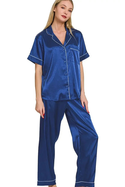 Zenana Satin Short Sleeve Top and Pants Pajama Set - Plush Fashion Hub