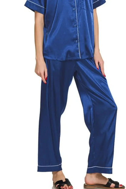 Zenana Satin Short Sleeve Top and Pants Pajama Set - Plush Fashion Hub