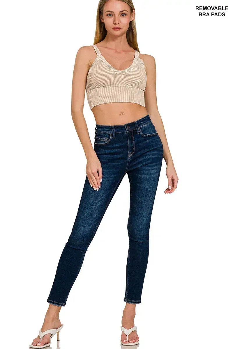 Zenana Washed V Neck Seamless Cropped Bra Top - Plush Fashion Hub