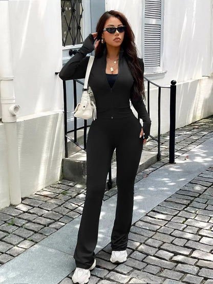 Zip Up Long Sleeve Outerwear and Pants Active Set - Plush Fashion Hub