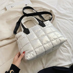 Fashionable plaid stitching women’s shoulder purse with trendy design, featuring a stylish strap and spacious interior.