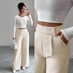 Women's high-waist straight-leg pants by FitiqueFit with button detail in a solid color, full-length front view.