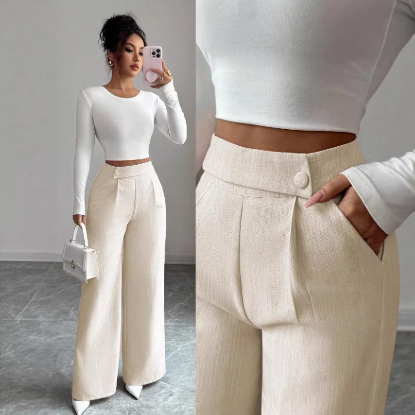 Women's high-waist straight-leg pants by FitiqueFit with button detail in a solid color, full-length front view.