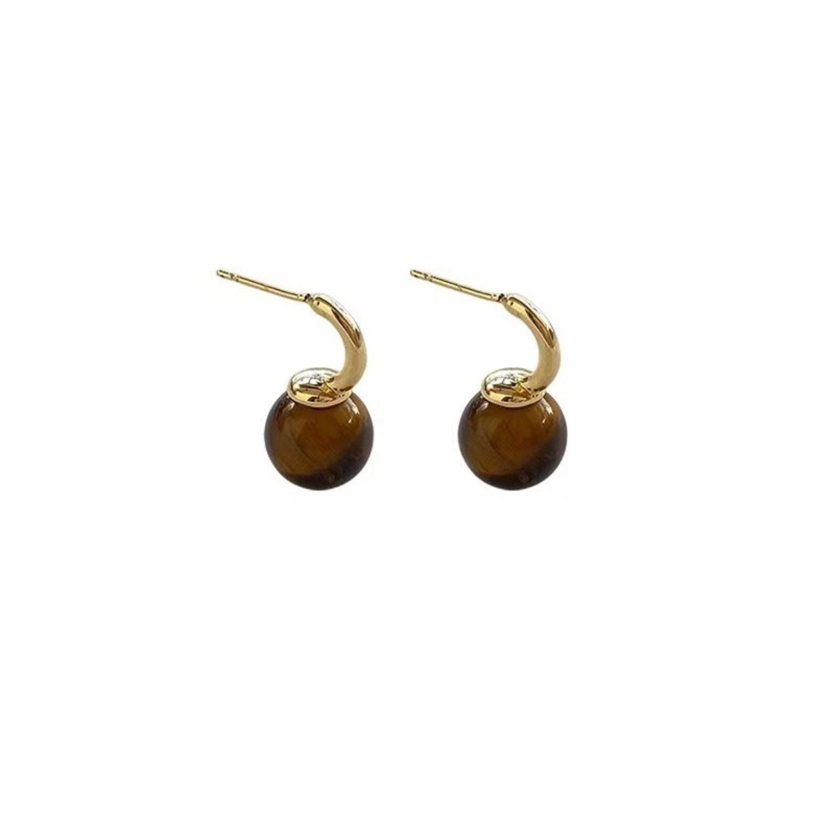 Shopimist Tiger Eye ball drop earrings featuring smooth, polished tiger eye gemstone beads hanging from delicate metal hooks.