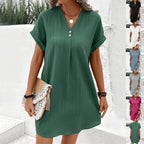 Button-front V-neck dress by Plush Fashion Hub featuring short sleeves and a solid casual shirt dress style.