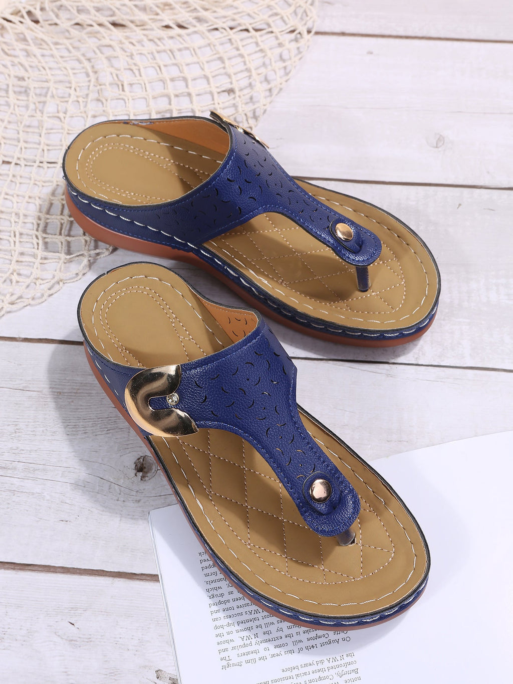 European and American fashion wedge heels and retro flip flops beach slippers in plush style, featuring comfortable beach footwear.