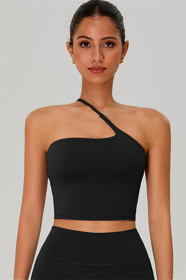 Fitglutes activewear one-shoulder crop top and shorts 2-piece gymwear set, stylish workout clothes with a modern design.
