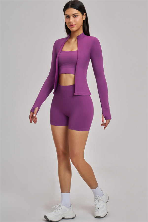 Fitglutes Activewear Vision Jacket, sports bra, and shorts 3-piece set featuring breathable fabric and stylish workout design.