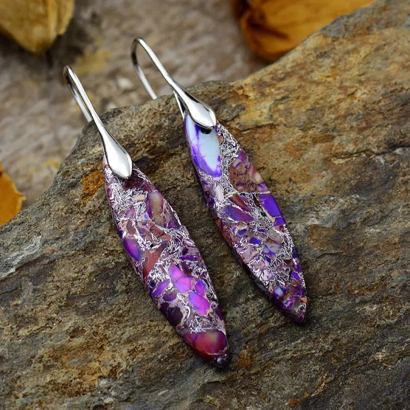 Copper natural stone geometric shape earrings with a modern design, featuring earthy tones and unique angular craftsmanship.