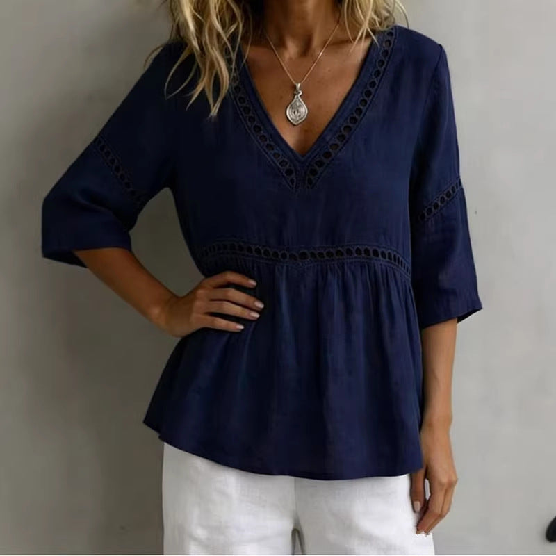 Women's V-neck hollow-out fringe cotton-linen casual top by FitiqueFit, featuring a relaxed fit with fringe detailing and breathable fabric.