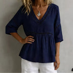 Women's V-neck hollow-out fringe cotton-linen casual top by FitiqueFit, featuring a relaxed fit with fringe detailing and breathable fabric.