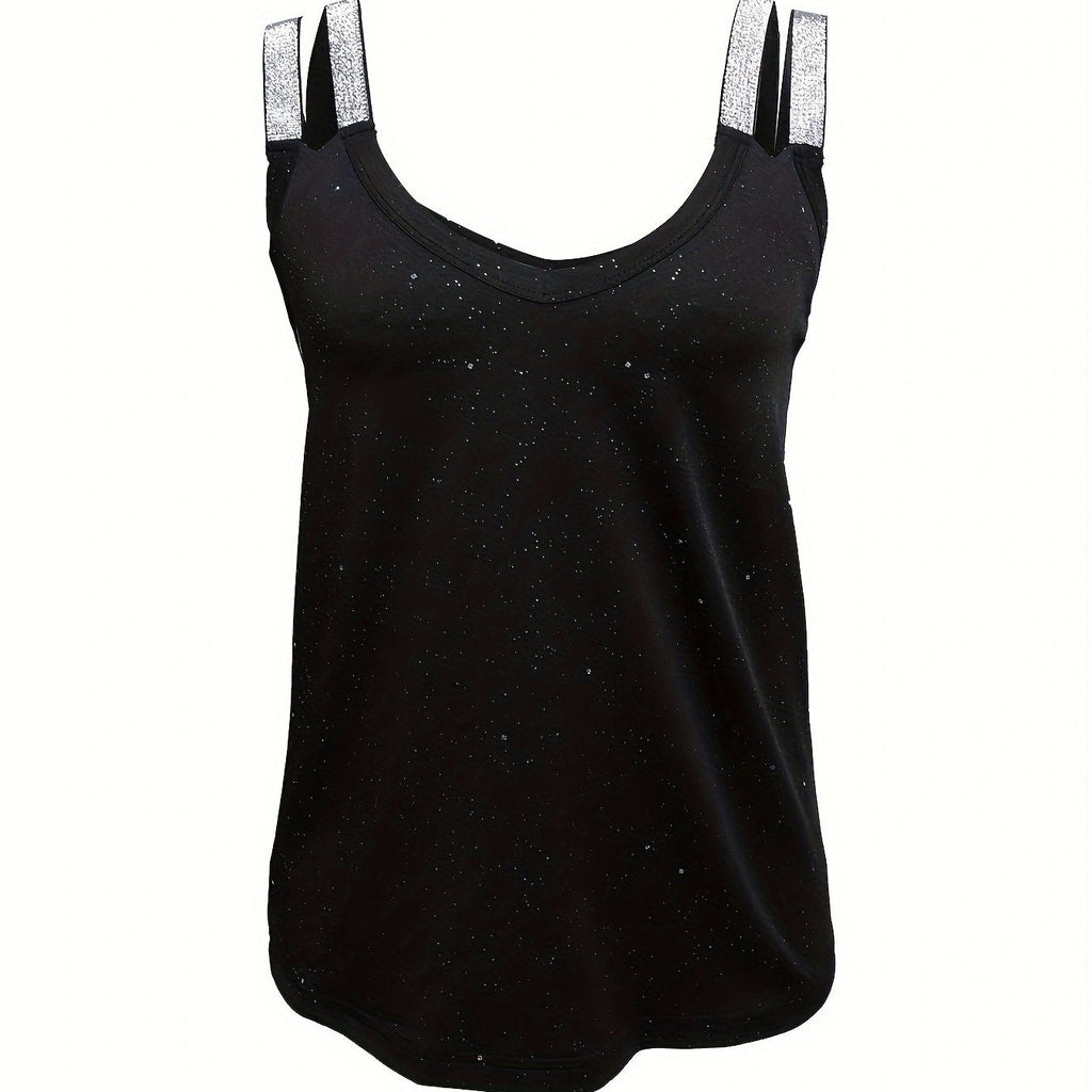 Women’s sequin camisole top by FitiqueFit, casualwear, featuring shimmering sequins and a relaxed fit, shown on a hanger.