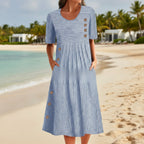 FitiqueFit button-down swing maxi dress with short sleeves, pockets, and a pullover style, flowing and comfortable for casual wear.