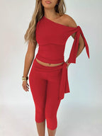 Asymmetrical one-shoulder top and capris set by Shopimist, featuring a stylish design and comfortable fit, shown on a model.