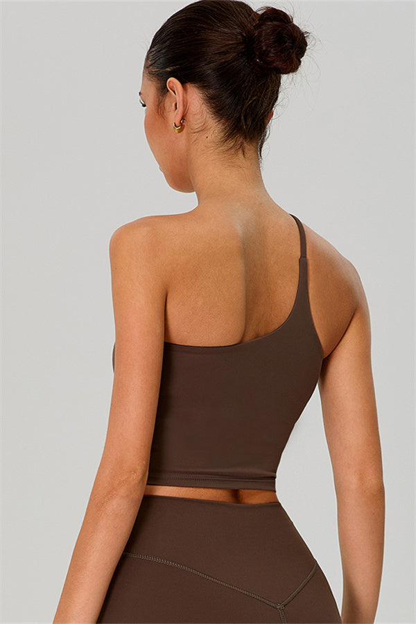 Fitglutes activewear one-shoulder crop top and shorts 2-piece set, perfect for gym workouts and sports activities.