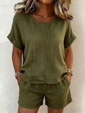FitiqueFit solid-color cotton linen T-shirt and shorts set in various colors, casualwear for comfortable everyday wear.