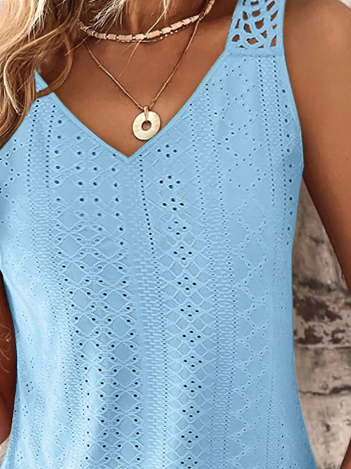 Light blue eyelet lace trim V-neck tank top from Plush Fashion Hub, featuring delicate lace details and a relaxed fit.