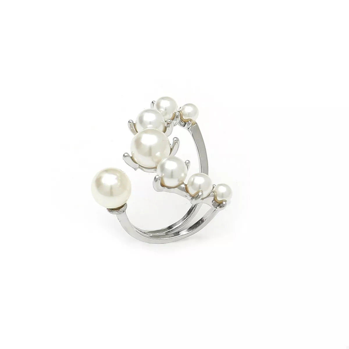 Silver alloy open ring with pearl accent, stylish jewelry accessory showing the ring's design and details.