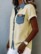 Plush Fashion Hub denim trim short sleeve shirt with button front and casual fit, stylish tops for everyday wear