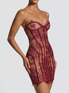 Lace detail tube mini dress from Trendsi featuring a fitted silhouette and stylish design, perfect for casual or evening wear.