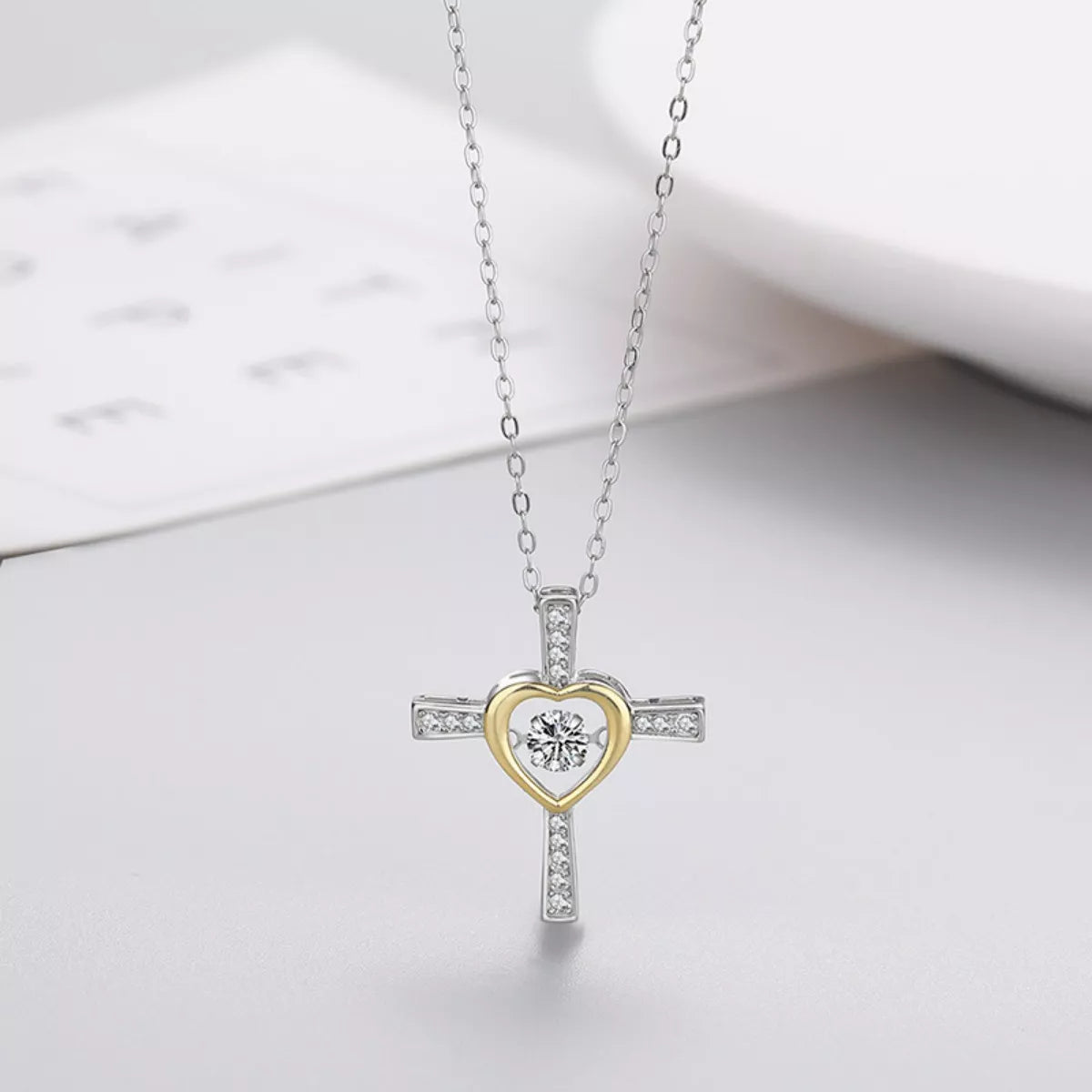 925 Sterling Silver Heart Cross Necklace featuring a delicate heart and cross pendant, elegant jewelry for women