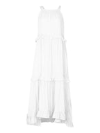 Ruffled tiered sleeveless maxi dress by Plush Fashion Hub with flowing fabric and layered design, perfect for summer wear.