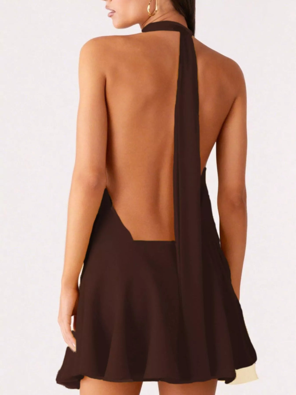 Backless halter neck gathered waist dress by Plush Fashion Hub, featuring a stylish design with elegant silhouette.
