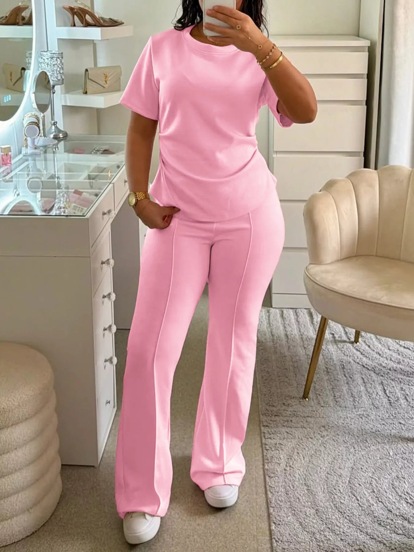 Plush Fashion Hub plush loungewear set with round neck short sleeve top and matching pants, soft and comfortable for relaxing.