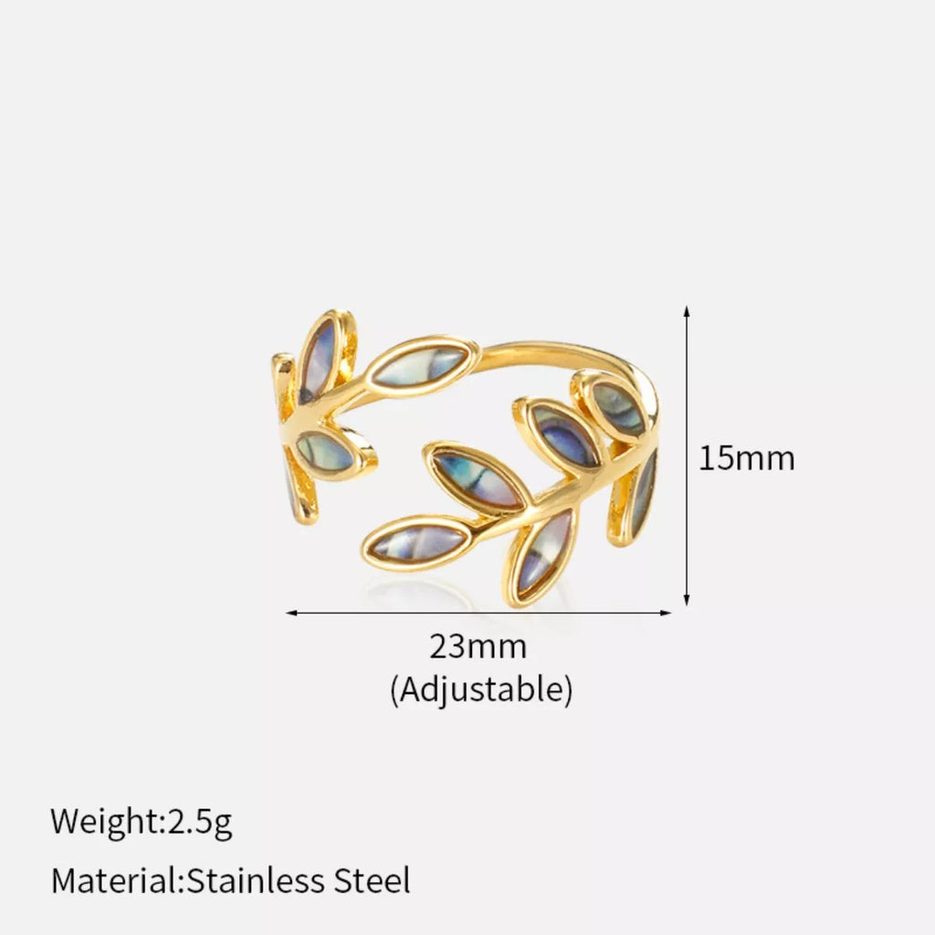 18K gold-plated resin leaf bypass ring with a sleek, modern design, featuring detailed leaf motifs and smooth gold finish.