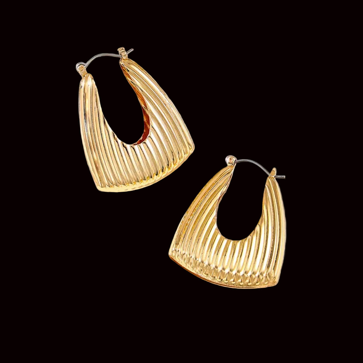 Gold-plated alloy ribbed triangular hoop earrings with a sleek design, perfect for stylish accessorizing.