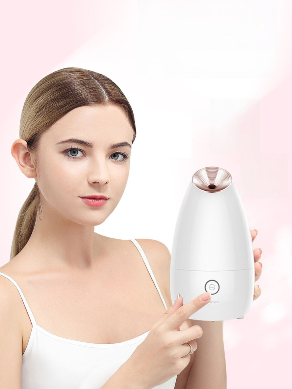 Automatic facial steamer from Trendsi for deep pore cleansing and hydration, with a sleek design and water tank visible.