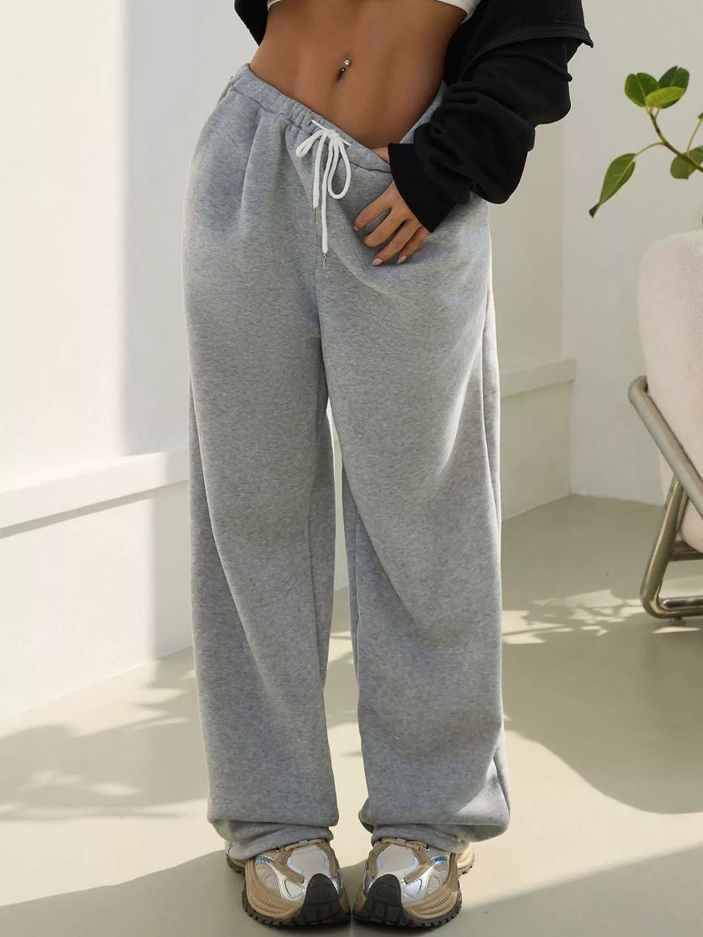 Casual high waist wide leg sweatpants by Simply Love with drawstring waist and relaxed fit, shown in a neutral color.