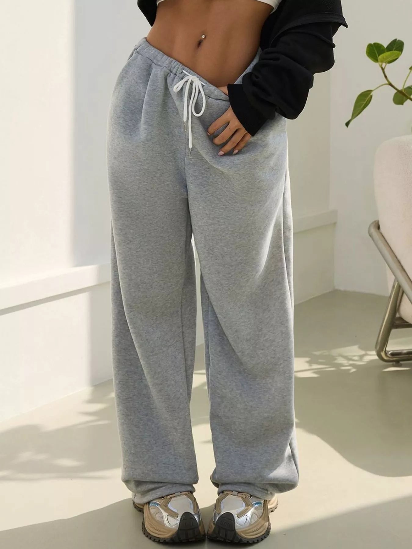 Casual high waist wide leg sweatpants by Simply Love with drawstring waist and relaxed fit, shown in a neutral color.