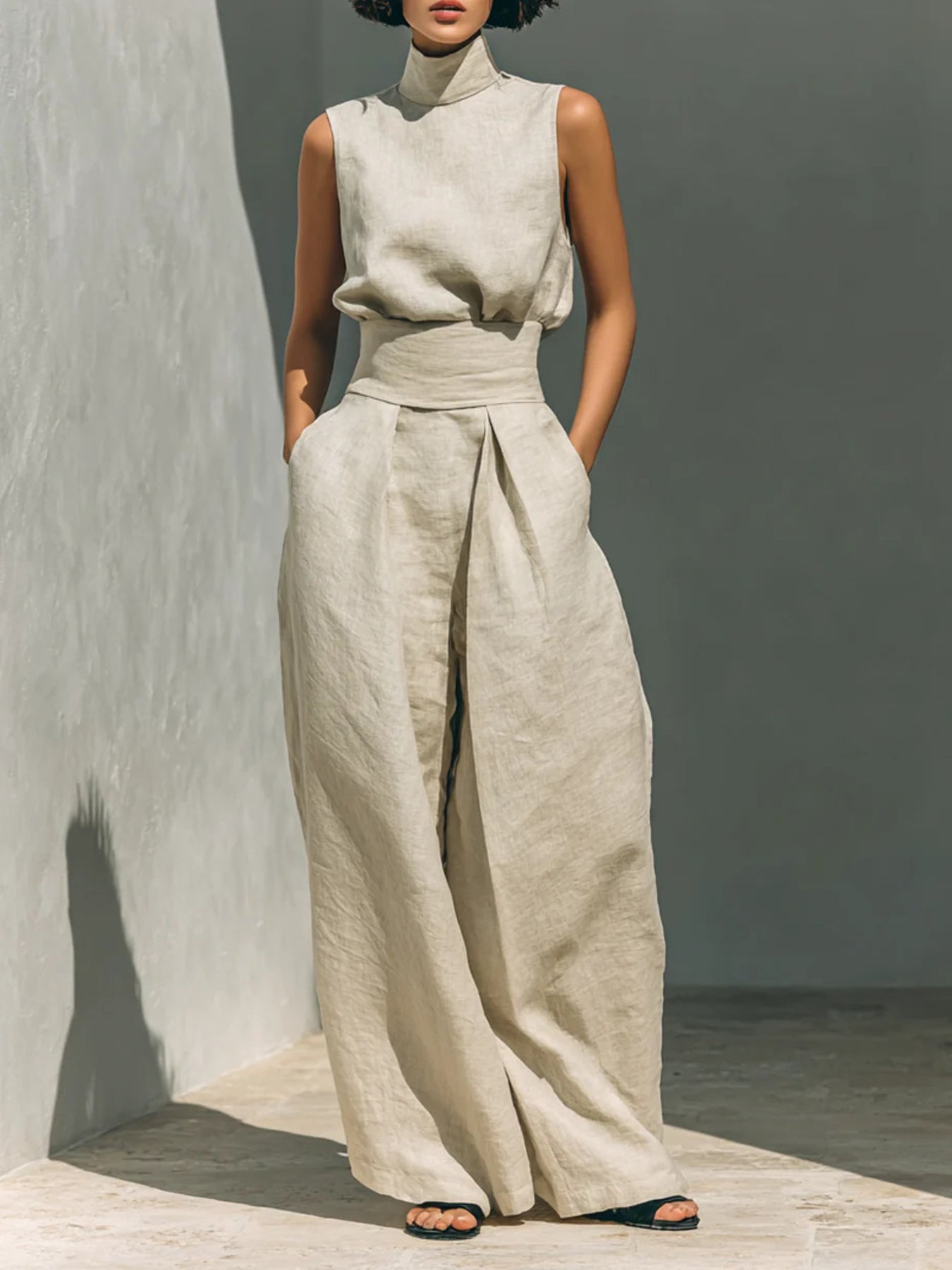 Sleeveless turtleneck top and pants set by Plush Fashion Hub, featuring a stylish sleeveless design and comfortable fit.