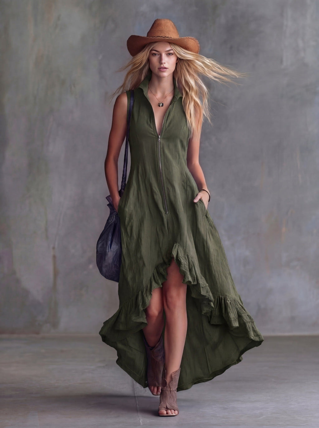 Boho dress with lapel collar, zip-front, and ruffle hem by Plush Fashion Hub, featuring a flowing silhouette and bohemian style.