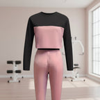 Korean-style women's casual hoodie and pants two-piece set with patchwork design from Plush Fashion Hub, shown on a model.