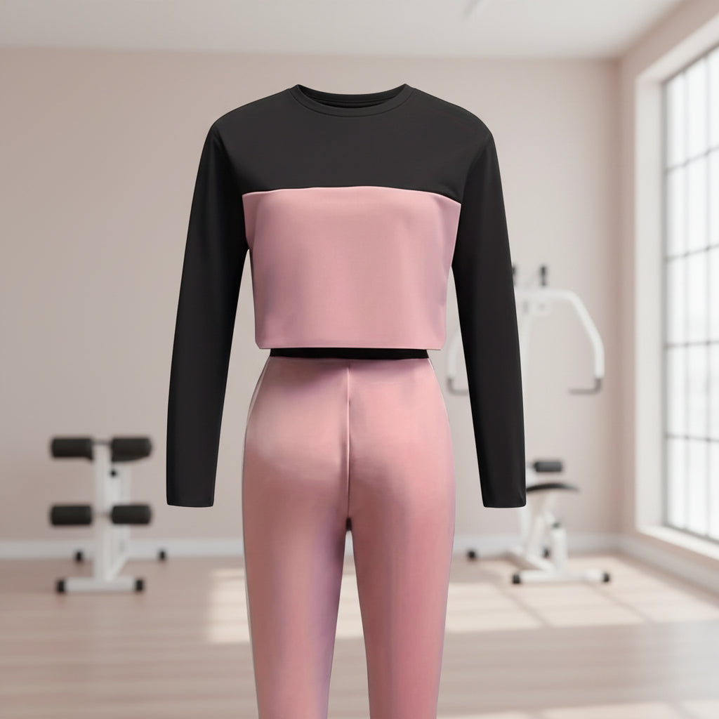 Korean-style women's casual hoodie and pants two-piece set with patchwork design from Plush Fashion Hub, shown on a model.