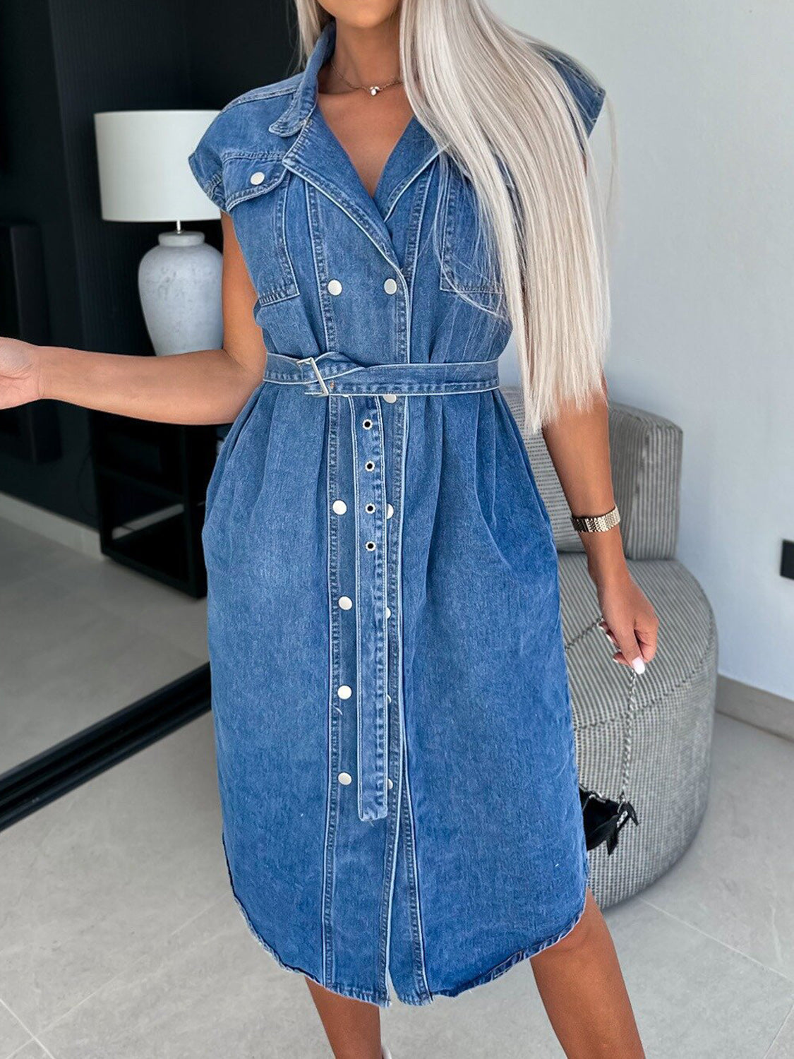 VYSN denim dress with collared neck, cap sleeves, and button-front design, casual fashion outfit on a model.