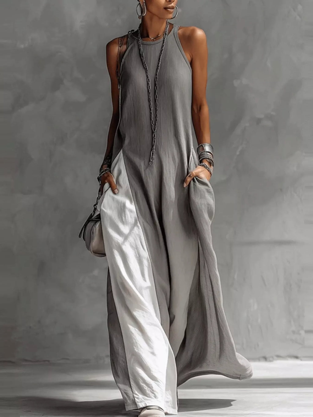 Elegant two-tone sleeveless maxi dress by Plush Fashion Hub, featuring a floor-length casual summer gown with a stylish design.
