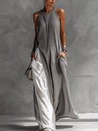 Elegant two-tone sleeveless maxi dress by Plush Fashion Hub, featuring a floor-length casual summer gown with a stylish design.
