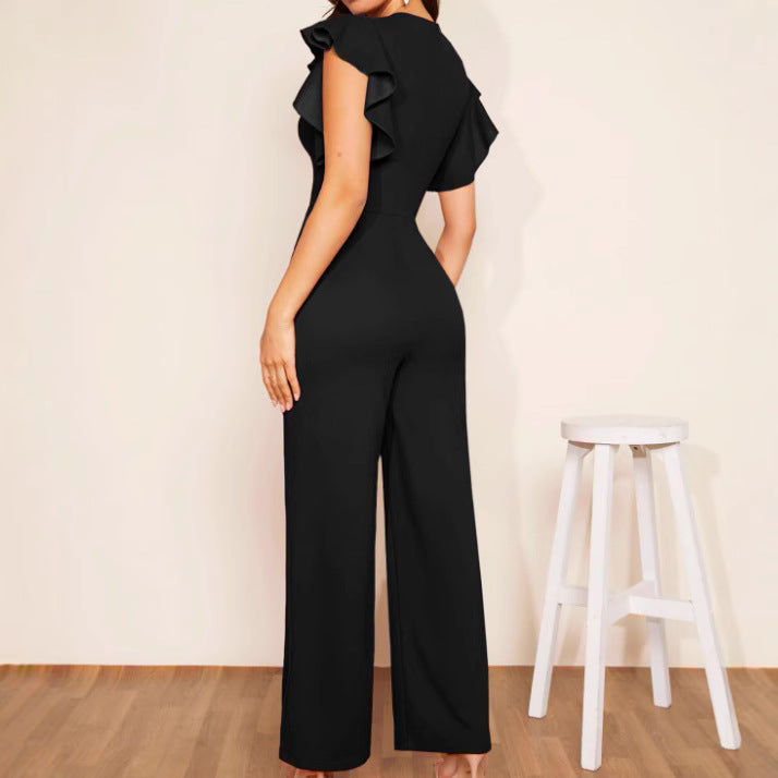 Women's elegant high-waist ruffle trim jumpsuit by FitiqueFit, casualwear in three colors, front view, styled for a modern look.