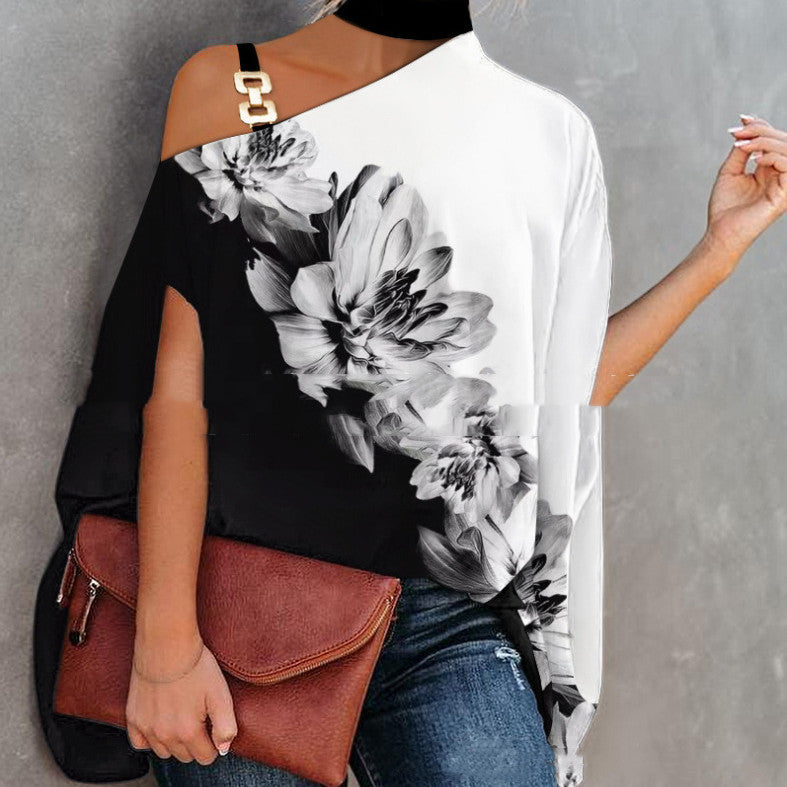 Women’s one-shoulder printed T-shirt by Plush Fashion Hub, casualwear with a stylish one-shoulder design and colorful print.