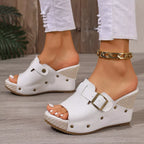 Open toe wedge sandals by Plush Fashion Hub featuring stylish straps and a comfortable, elevated wedge heel.