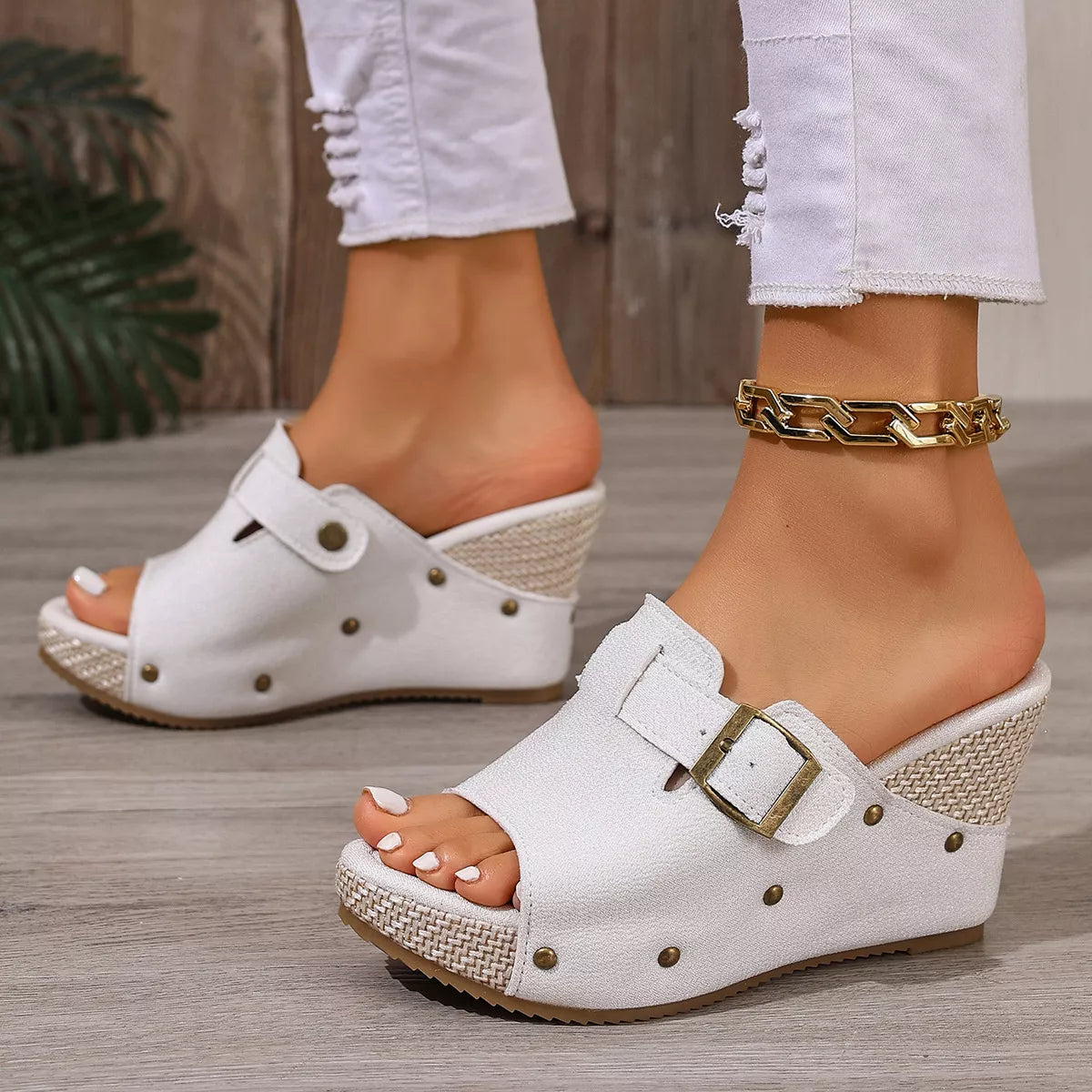 Open toe wedge sandals by Plush Fashion Hub featuring stylish straps and a comfortable, elevated wedge heel.