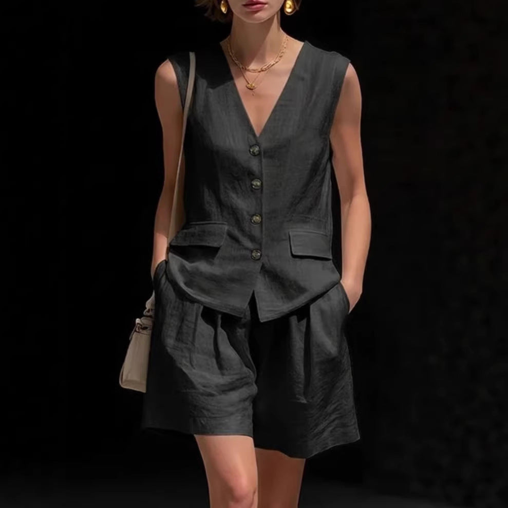 Women’s cotton linen sleeveless vest top and shorts casualwear set by FitiqueFit, featuring a light, breathable fabric and relaxed fit.
