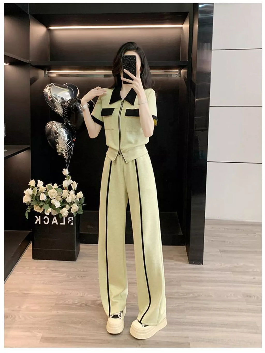 Shopimist contrast zip-up top and wide-leg pants set, featuring a stylish zip-up jacket and flowy trousers for a modern look.