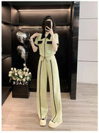 Shopimist contrast zip-up top and wide-leg pants set, featuring a stylish zip-up jacket and flowy trousers for a modern look.