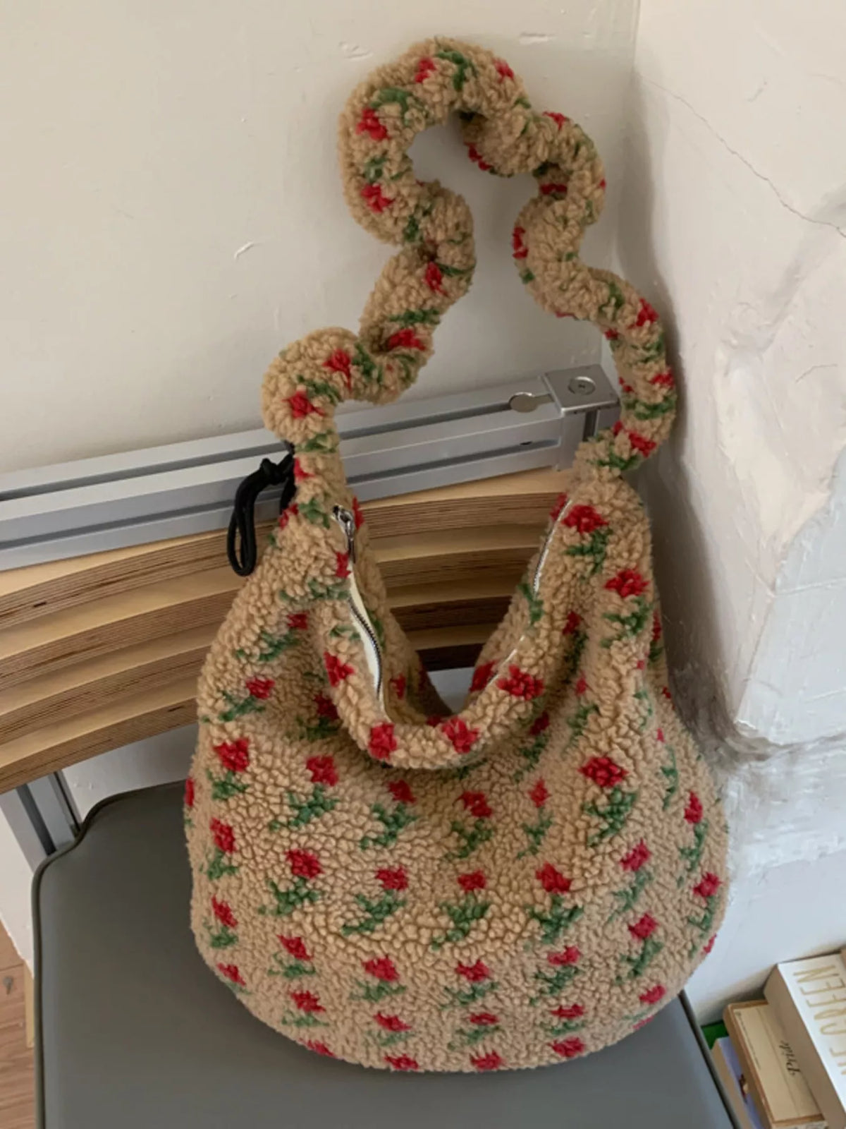 Soft plush Sherpa ruched strap handbag by Plush Fashion Hub with a cozy, stylish design and textured fabric.